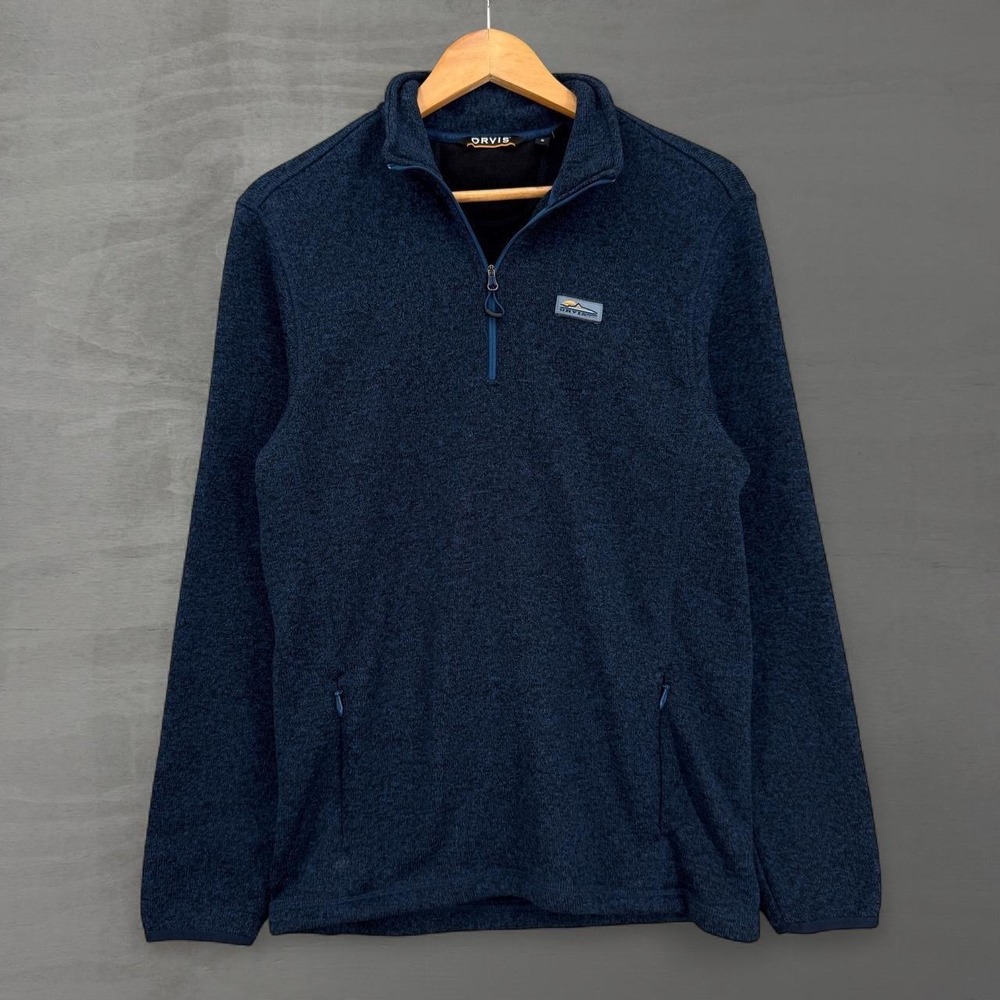 Orvis Quarter Zip Fleece Pullover Navy Blue Marled Knit Sweater Small
